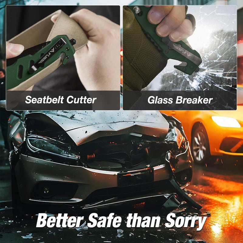 FLISSA Folding Pocket Knife with Clip, Glass Breaker and Seatbelt Cutter, Survival Knife for Emergency Rescue Situations, EDC Knife for Tactical, Hunting, Camping, Outdoor, Unique Gifts for Dad, Father-Green - Image 2